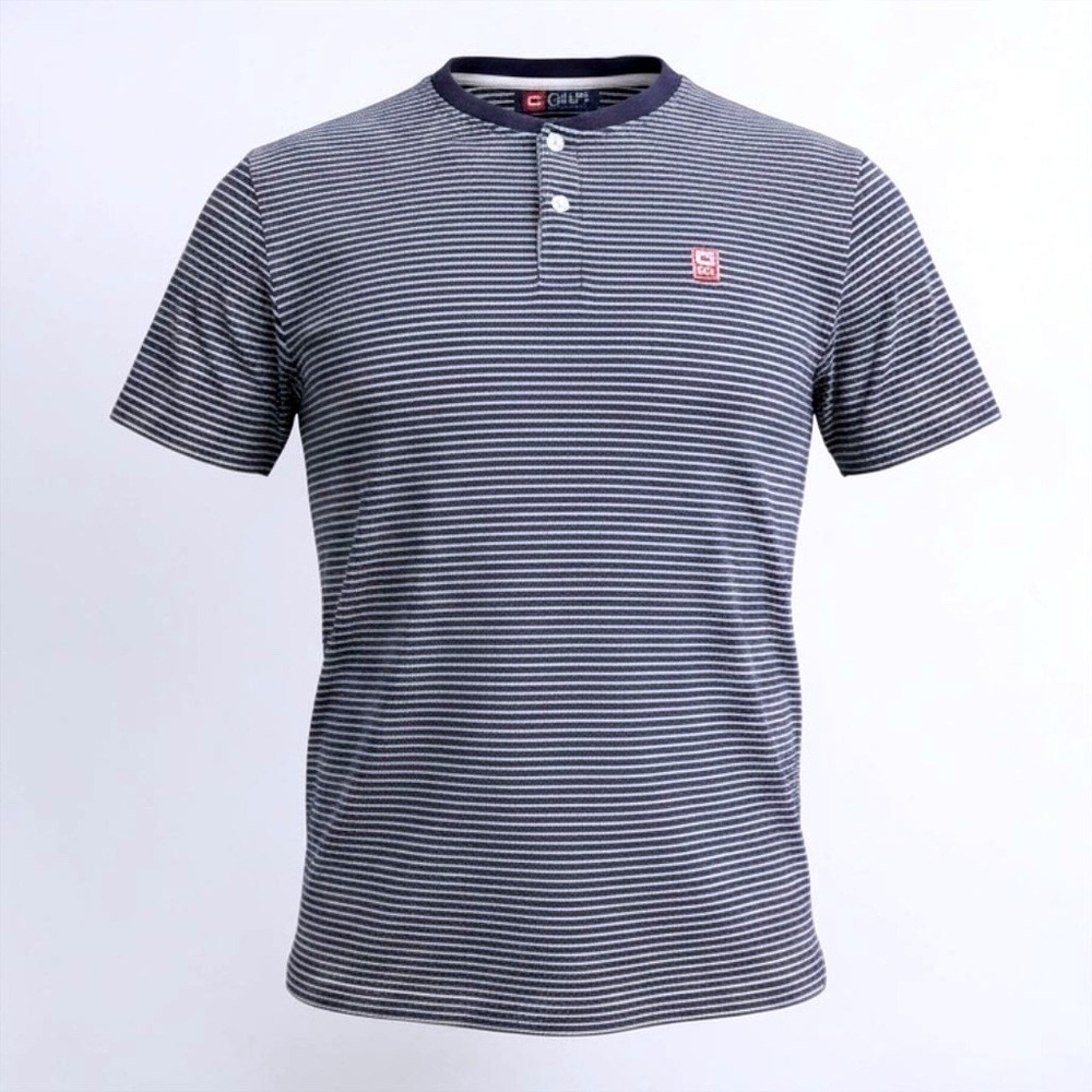 VTG Chaps Ralph Lauren XL Henley Shirt Navy Blue White Striped Cotton Short Slv
